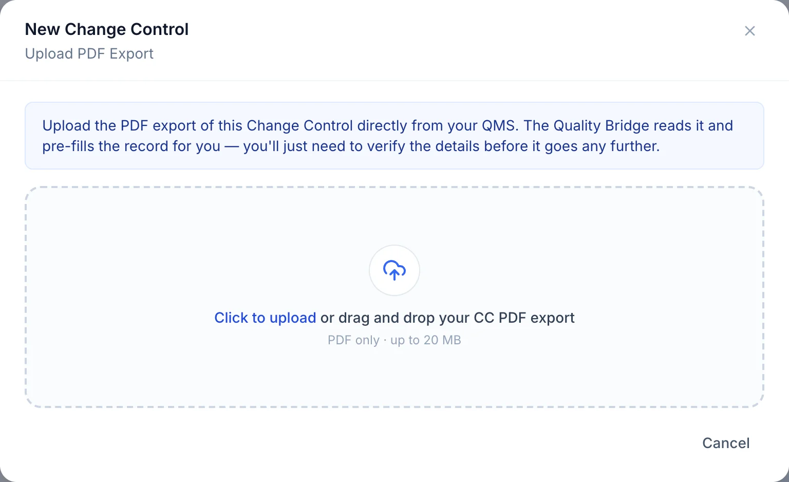 The create wizard, at the step where the CMO uploads its own QMS export