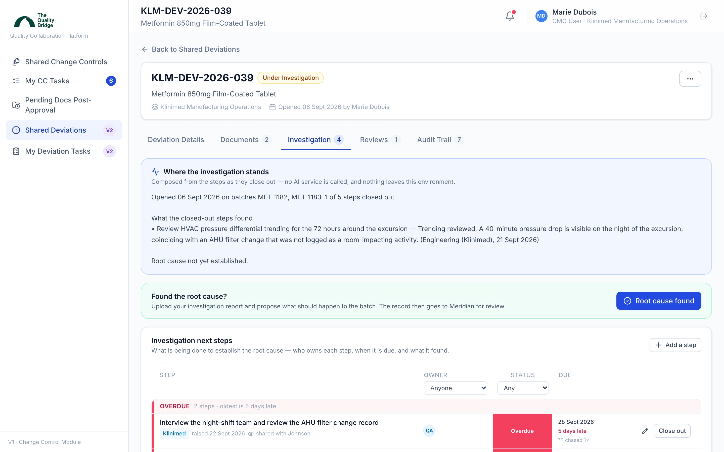 A deviation workspace with investigation steps