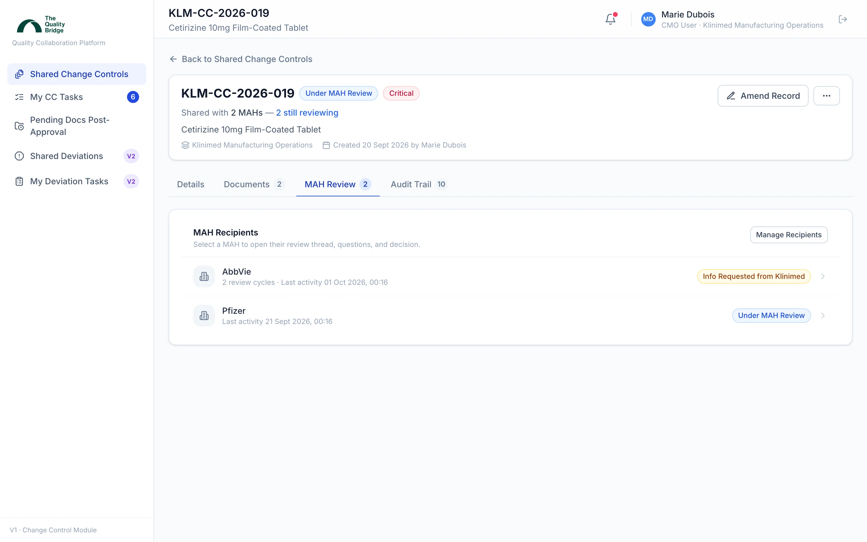 A change control workspace with a MAH review thread open, showing a question cycle